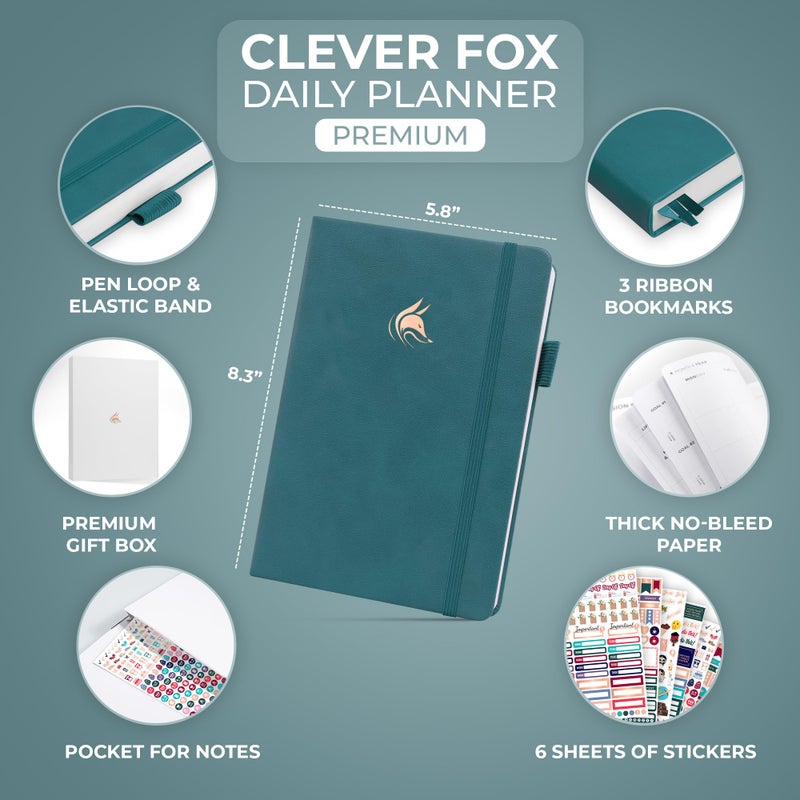 Clever Fox Planner Daily Premium â€“ Undated Daily Planner with Hourly Schedule, Personal Organizer, Productivity Journal, 6 Months (Dark Teal) - Image 2